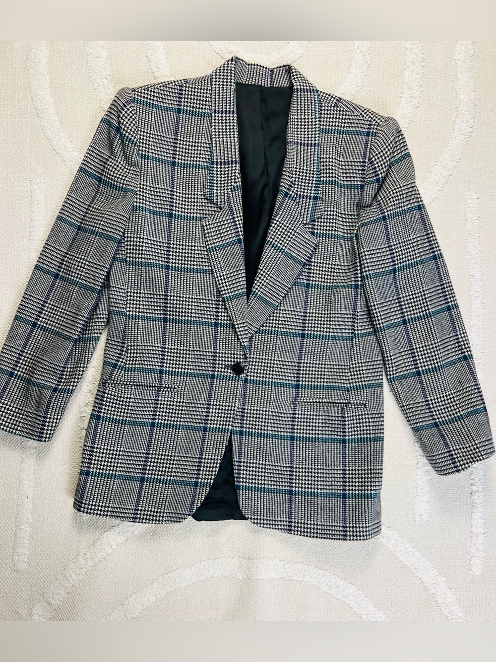 Vintage 90s Glen Plaid Boyfriend Blazer – Black, White & Teal – M/L - Picture 2 of 13